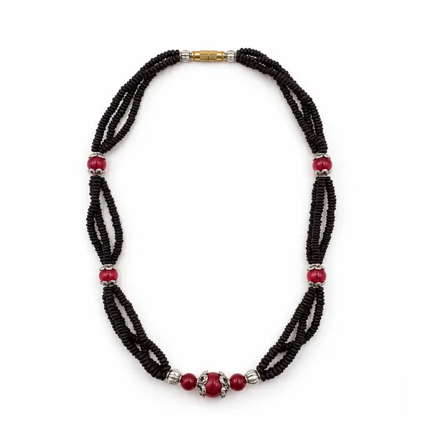 Black_Tulsi_Beads_Four-Layer_Necklace_with_Red_Accent_Beads_|_Handcrafted_Multi-Strand_Devotional_Kanthi_Mala