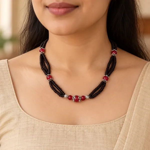 Black_Tulsi_Beads_Four-Layer_Necklace_with_Red_Accent_Beads_|_Handcrafted_Multi-Strand_Devotional_Kanthi_Mala