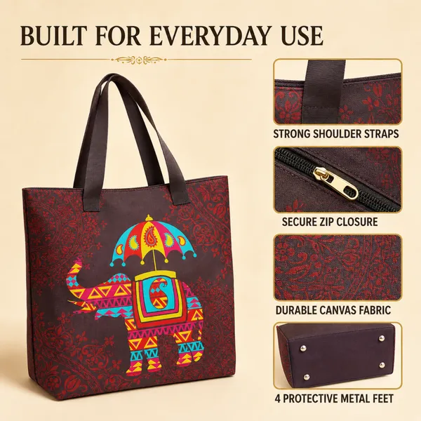 Colorful_Elephant_Printed_Tote_Bag_for_Women_|_Lightweight_Daily_Use_Shoulder_Bag_|_Traditional_Ethnic_Design