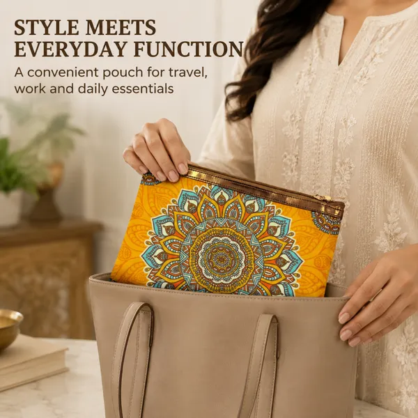 Mandala_Printed_Zipper_Pouch_for_Women_|_Multipurpose_Cosmetic_&_Daily_Use_Organizer_|_Stylish_Yellow_Ethnic_Design
