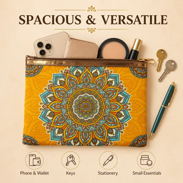 Mandala_Printed_Zipper_Pouch_for_Women_|_Multipurpose_Cosmetic_&_Daily_Use_Organizer_|_Stylish_Yellow_Ethnic_Design