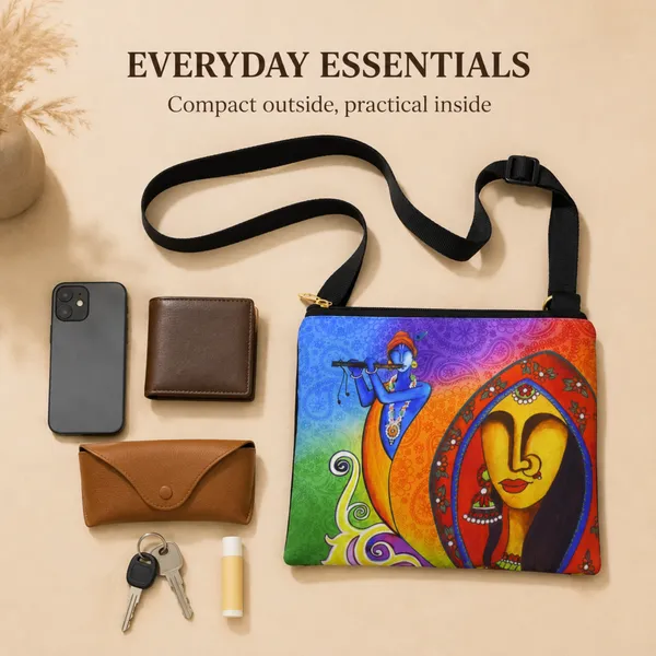 Printed_Sling_Bag_for_Women_|_Radha_Krishna_Inspired_Artistic_Design_|_Adjustable_Crossbody_Bag_with_Back_Zip_Pocket
