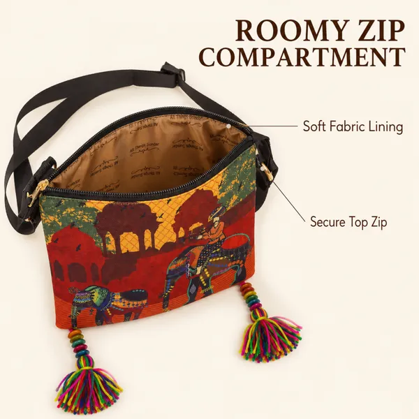 Printed_Sling_Bag_for_Women_|_Traditional_Elephant_Folk_Art_Design_with_Tassels_|_Adjustable_Crossbody_Bag_with_Back_Zip_Pocket