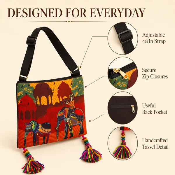 Printed_Sling_Bag_for_Women_|_Traditional_Elephant_Folk_Art_Design_with_Tassels_|_Adjustable_Crossbody_Bag_with_Back_Zip_Pocket