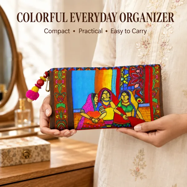 Printed_Zipper_Utility_Pouch_for_Women_|_Colorful_Folk_Art_Design_|_Smooth_Zip,_Metal_Hook_&_Decorative_Charm