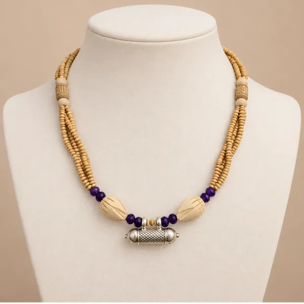 Tulsi_Beads_Four-Layer_Necklace_with_Purple_Accent_Beads_and_Silver-Tone_Mantra_Pendant_|_Handcrafted_Devotional_Mala