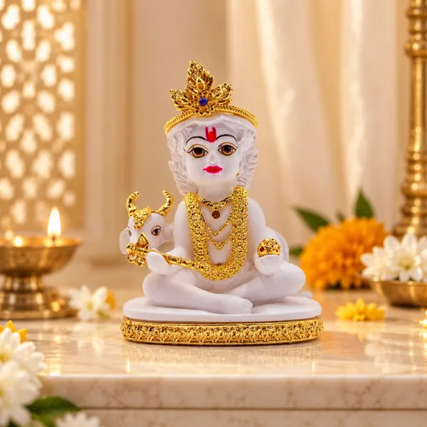 White_and_Golden_Bal_Krishna_Idol_with_Cow_for_Pooja_Room,_Home_Décor_&_Gift