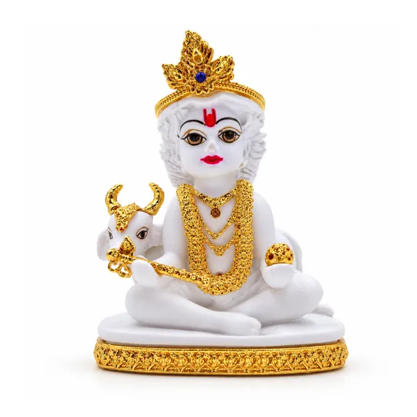 White_and_Golden_Bal_Krishna_Idol_with_Cow_for_Pooja_Room,_Home_Décor_&_Gift