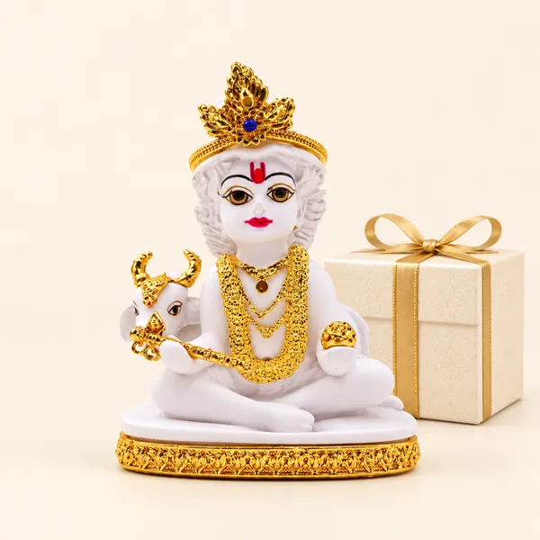 White_and_Golden_Bal_Krishna_Idol_with_Cow_for_Pooja_Room,_Home_Décor_&_Gift