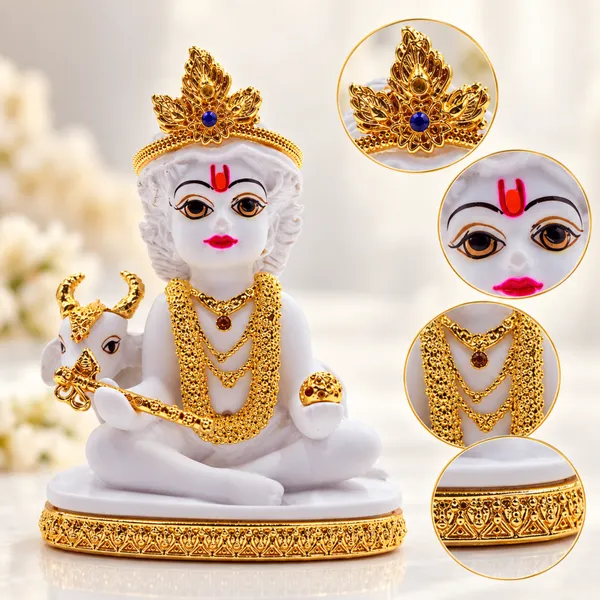 White_and_Golden_Bal_Krishna_Idol_with_Cow_for_Pooja_Room,_Home_Décor_&_Gift