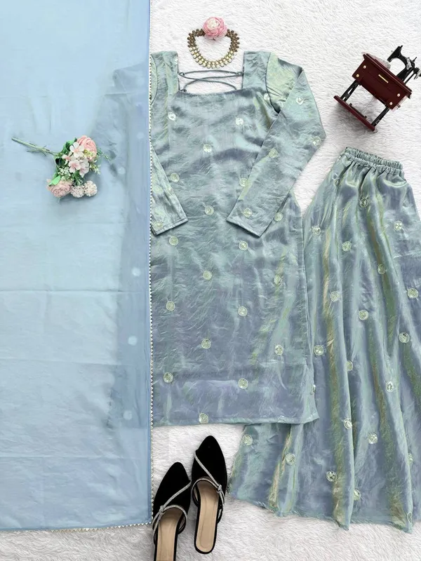 Light_Blue_Fendy_Silk_Tie_Up_Back_Kurta_Set_With_Dupatta_For_Women
