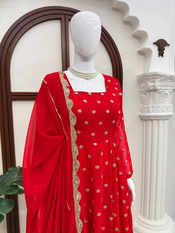 Red_Chinnon_Silk_Flared_Embellished_Anarkali_Set_For_Women