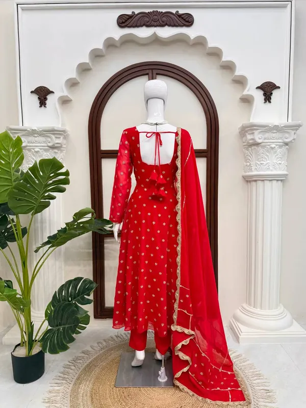 Red_Chinnon_Silk_Flared_Embellished_Anarkali_Set_For_Women