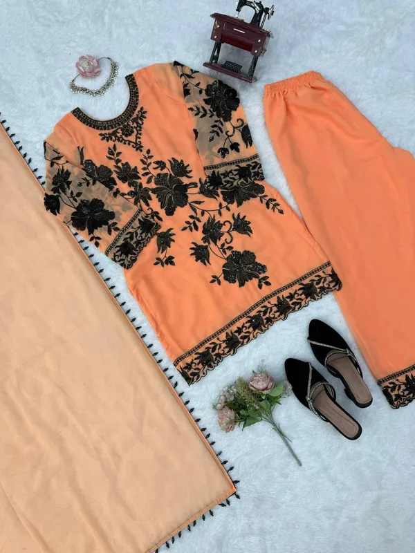 Orange_Faux_Georgette_Floral_Embroidered_Straight_Suit_Set_For_Women