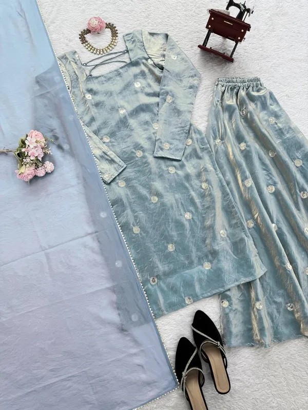 Light_Blue_Fendy_Silk_Tie_Up_Back_Kurta_Set_With_Dupatta_For_Women