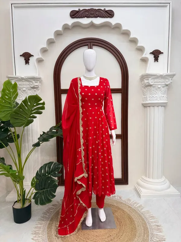 Red_Chinnon_Silk_Flared_Embellished_Anarkali_Set_For_Women