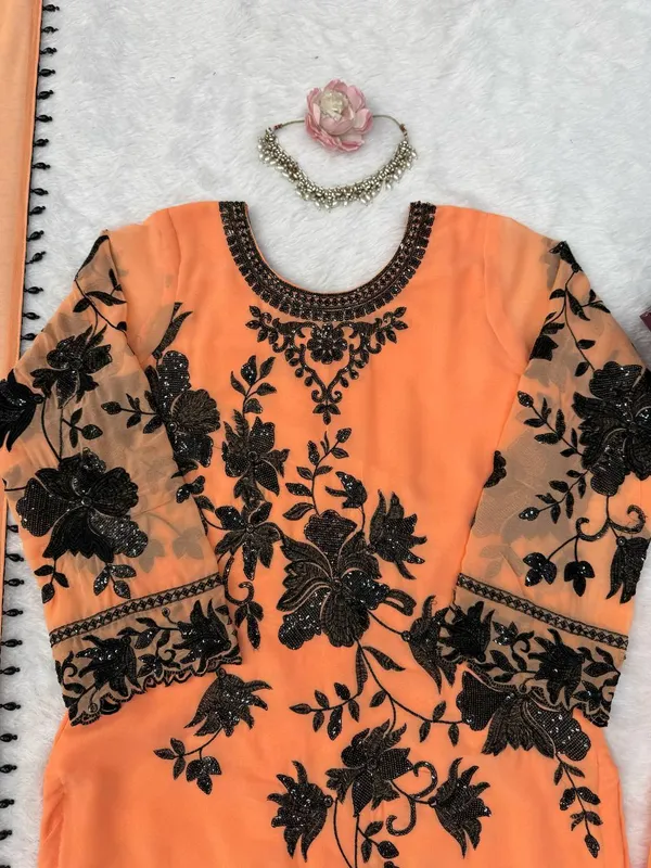 Orange_Faux_Georgette_Floral_Embroidered_Straight_Suit_Set_For_Women