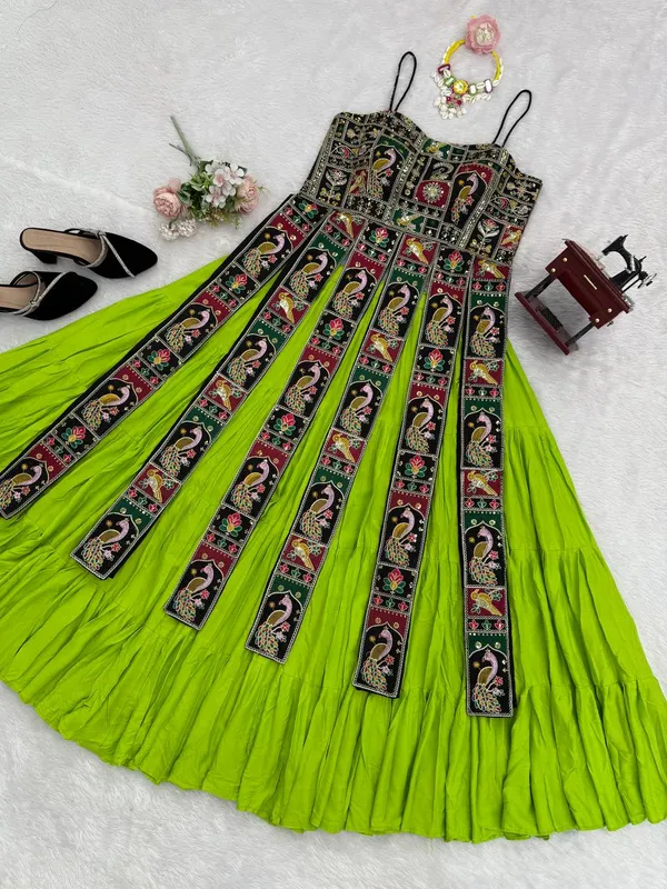 Green_Faux_Georgette_Embroidered_Flared_Dress_For_Women