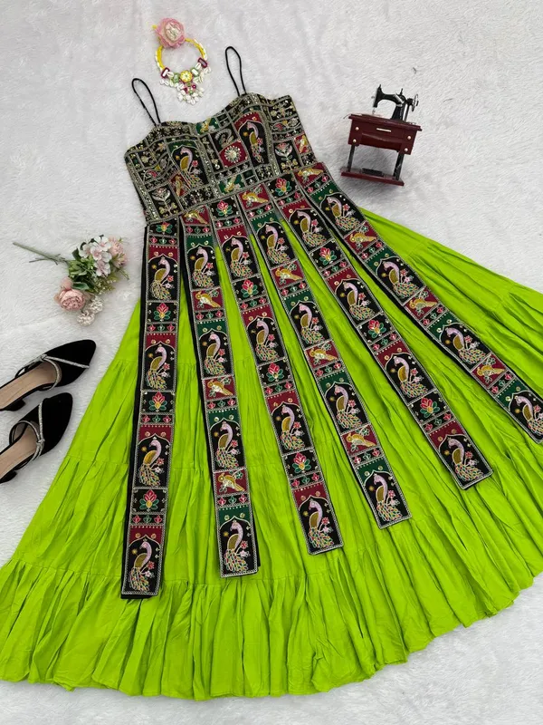 Green_Faux_Georgette_Embroidered_Flared_Dress_For_Women