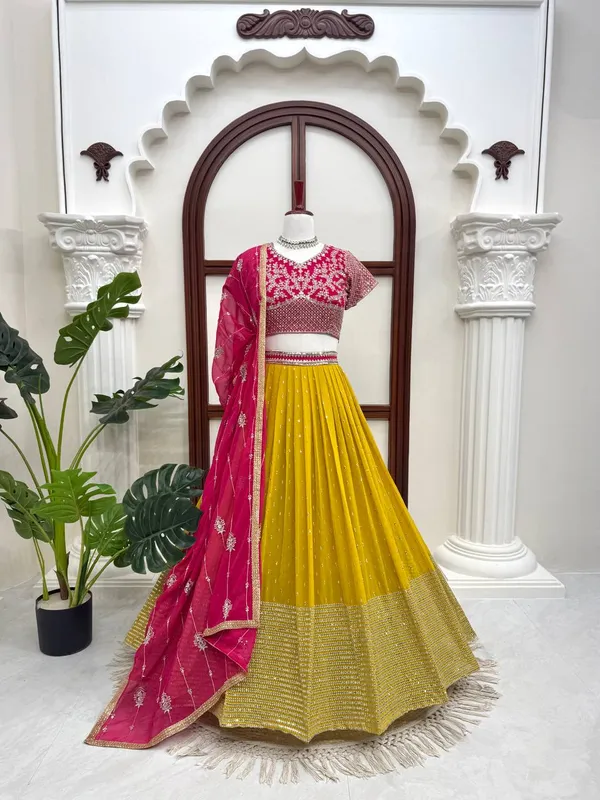 Pink_And_Mustard_Faux_Georgette_Embroidered_Lehenga_Choli_For_Women