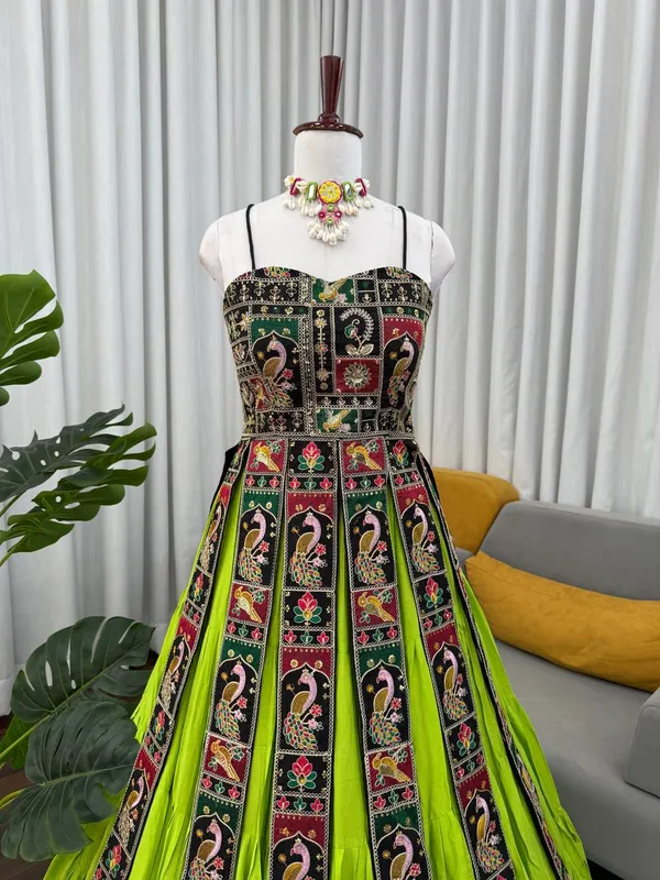 Green_Faux_Georgette_Embroidered_Flared_Dress_For_Women