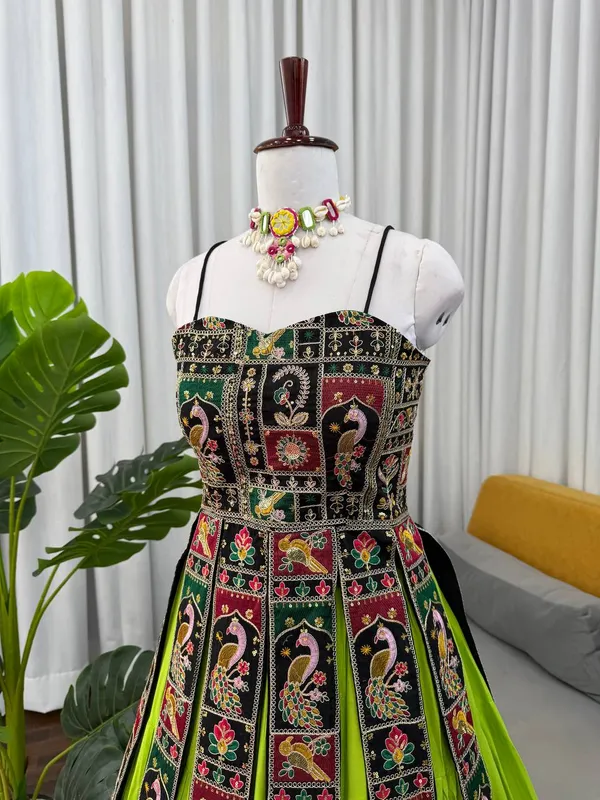 Green_Faux_Georgette_Embroidered_Flared_Dress_For_Women