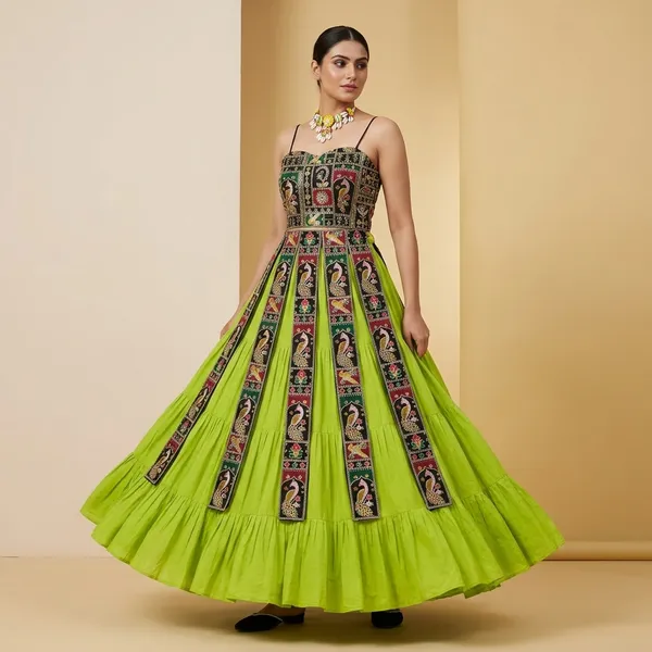 Green_Faux_Georgette_Embroidered_Flared_Dress_For_Women