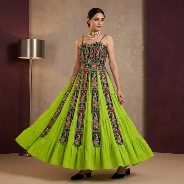 Green_Faux_Georgette_Embroidered_Flared_Dress_For_Women