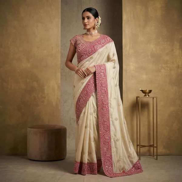 Cream_And_Magenta_Organza_Silk_Embroidered_Ethnic_Saree_For_Women