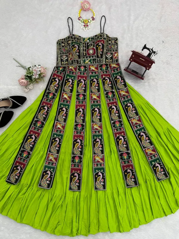 Green_Faux_Georgette_Embroidered_Flared_Dress_For_Women
