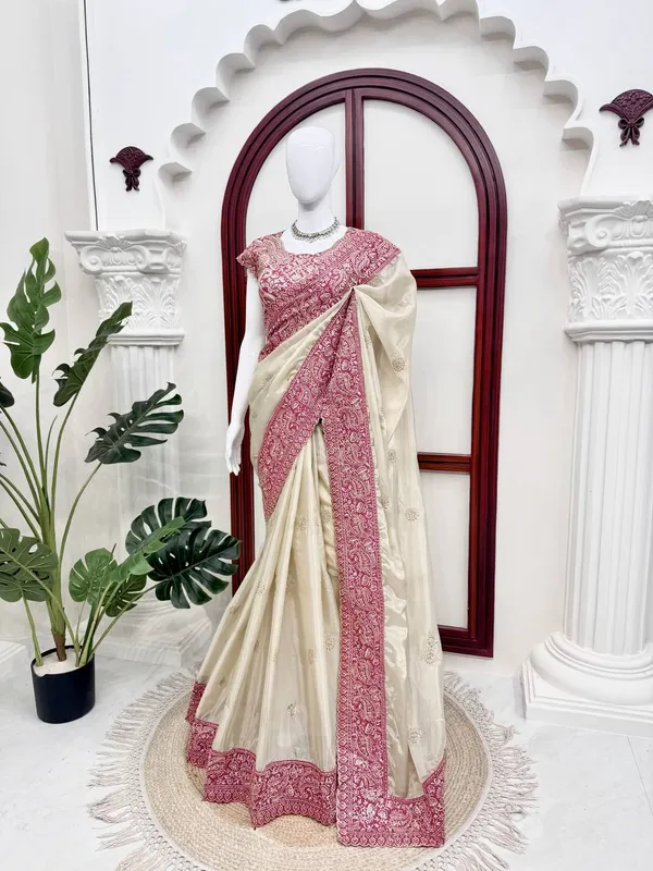 Cream_And_Magenta_Organza_Silk_Embroidered_Ethnic_Saree_For_Women