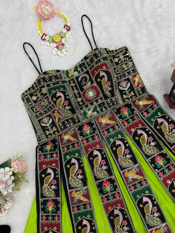 Green_Faux_Georgette_Embroidered_Flared_Dress_For_Women