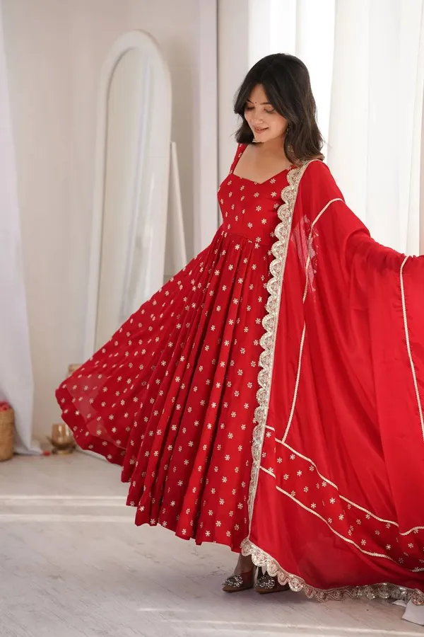 Red_Chinnon_Silk_Flared_Embellished_Anarkali_Set_For_Women
