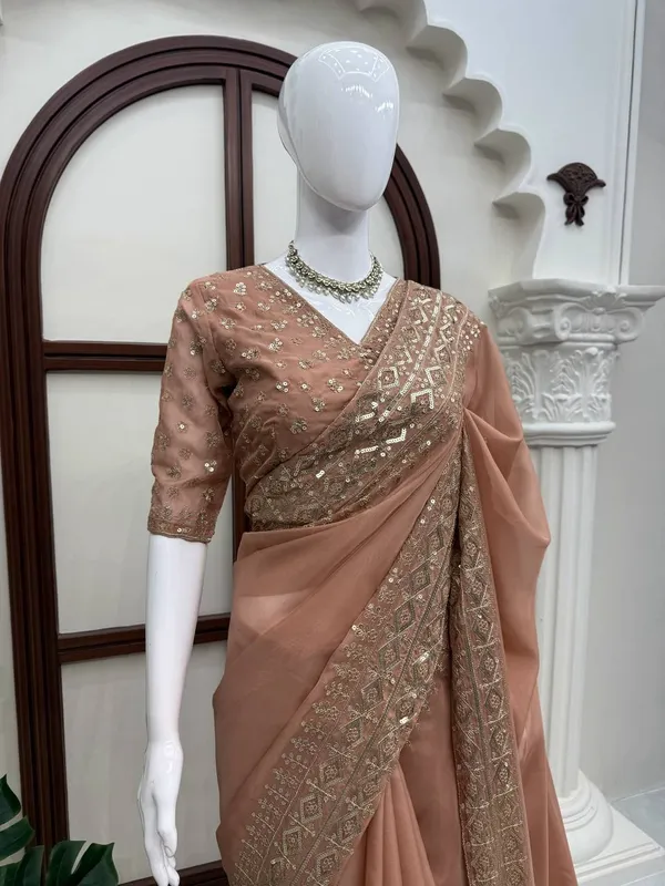 Peach_Tabby_Silk_Sequin_Embellished_Saree_For_Women