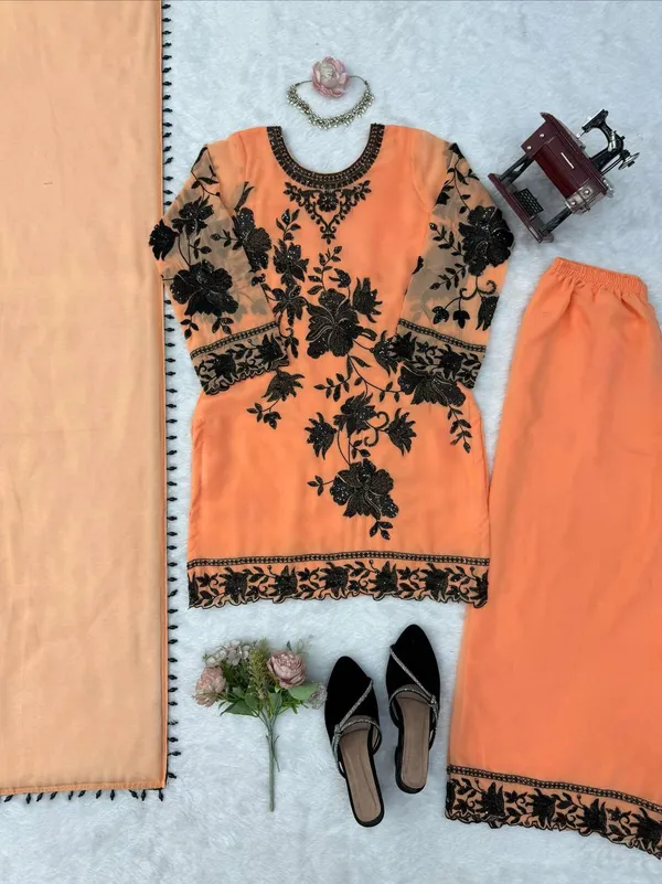 Orange_Faux_Georgette_Floral_Embroidered_Straight_Suit_Set_For_Women
