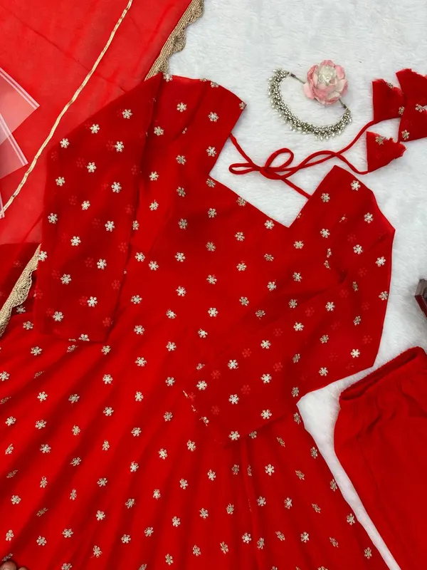 Red_Chinnon_Silk_Flared_Embellished_Anarkali_Set_For_Women