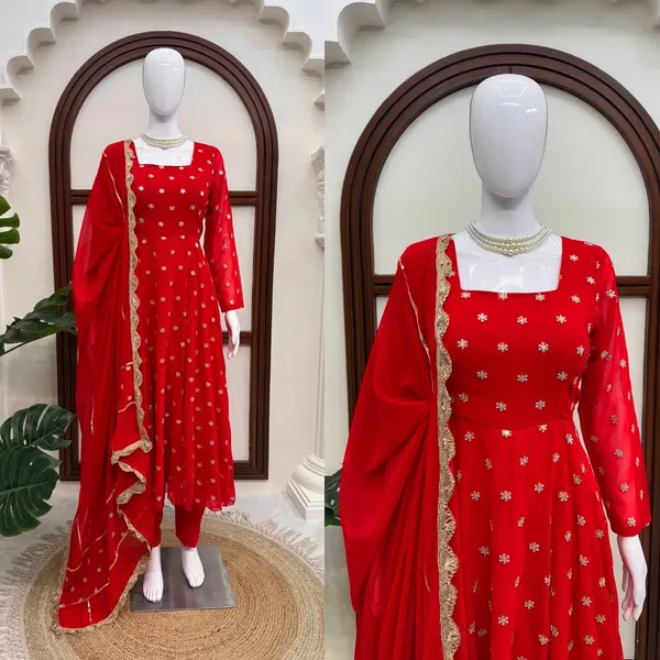 Red_Chinnon_Silk_Flared_Embellished_Anarkali_Set_For_Women