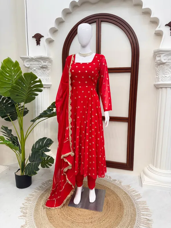 Red_Chinnon_Silk_Flared_Embellished_Anarkali_Set_For_Women