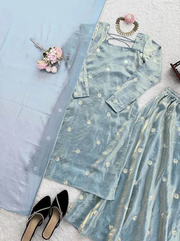 Light_Blue_Fendy_Silk_Tie_Up_Back_Kurta_Set_With_Dupatta_For_Women