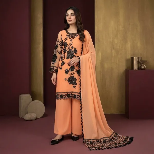 Orange_Faux_Georgette_Floral_Embroidered_Straight_Suit_Set_For_Women