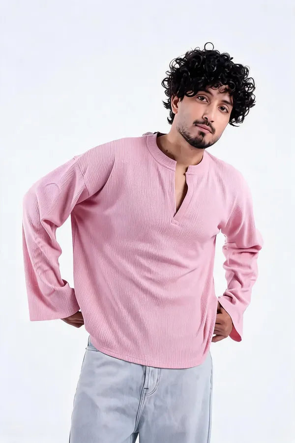 Pink_Waffle_Oversized_Henley_T-Shirt_For_Men