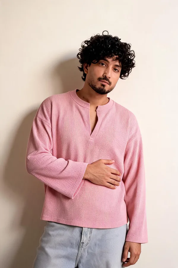 Pink_Waffle_Oversized_Henley_T-Shirt_For_Men