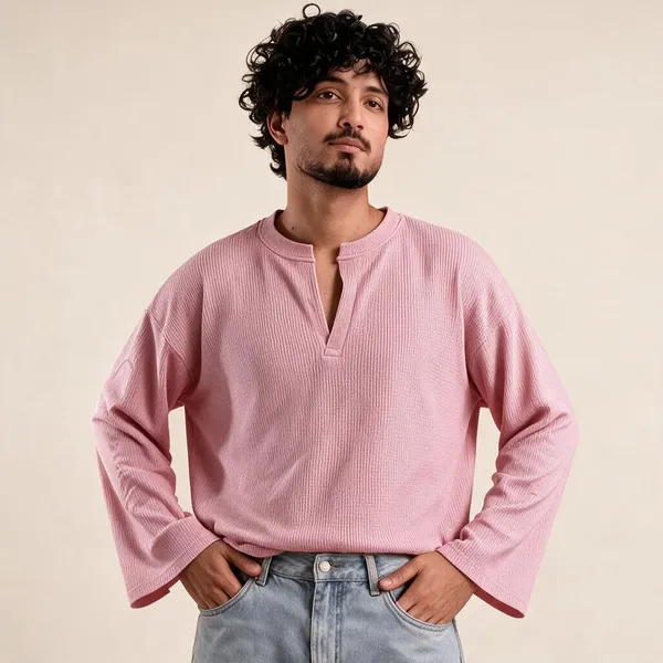 Pink_Waffle_Oversized_Henley_T-Shirt_For_Men