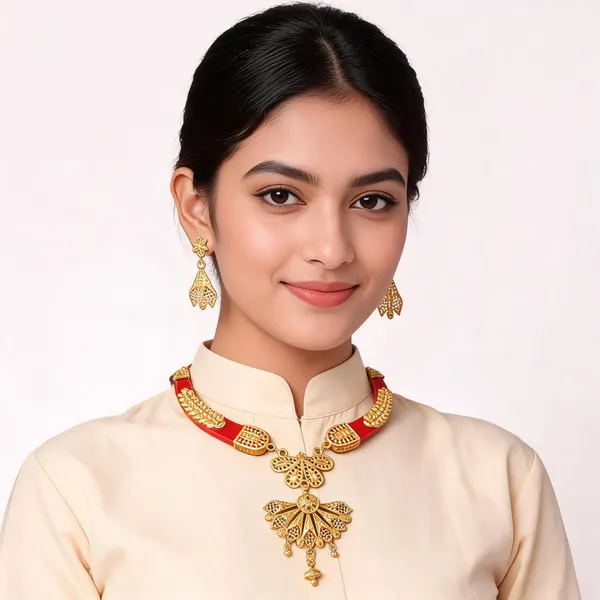 Gold_Red_Brass_Floral_Necklace_And_Earrings_Set_For_Women