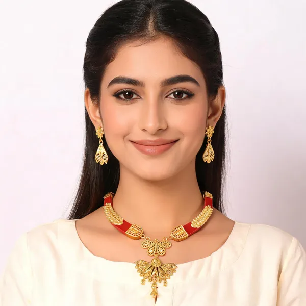 Gold_Red_Brass_Floral_Necklace_And_Earrings_Set_For_Women