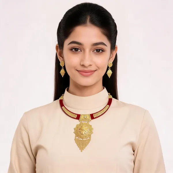Maroon_Velvet_Gold-Tone_Floral_Necklace_Set_For_Women