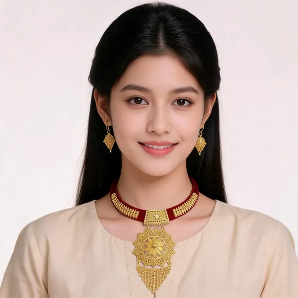 Maroon_Velvet_Gold-Tone_Floral_Necklace_Set_For_Women