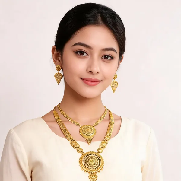 Gold_Plated_Layered_Medallion_Necklace_And_Earrings_Set_For_Women