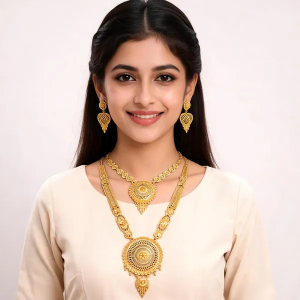 Gold_Plated_Layered_Medallion_Necklace_And_Earrings_Set_For_Women