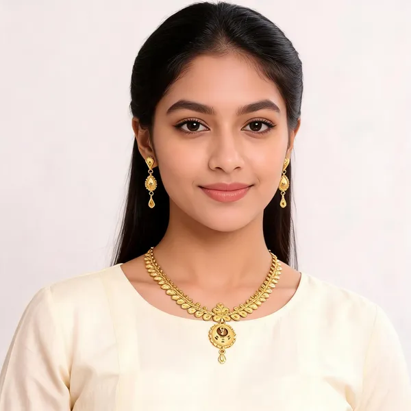 Gold_Plated_Traditional_Floral_Necklace_And_Earrings_Set_For_Women